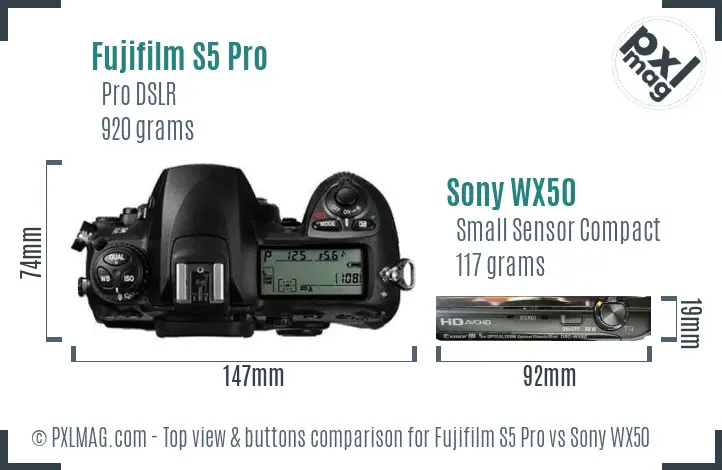 Fujifilm S5 Pro vs Sony WX50 top view buttons comparison