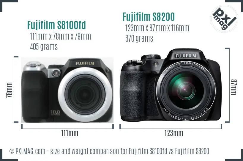 Fujifilm S8100fd vs Fujifilm S8200 size comparison