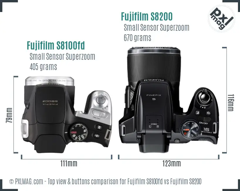 Fujifilm S8100fd vs Fujifilm S8200 top view buttons comparison