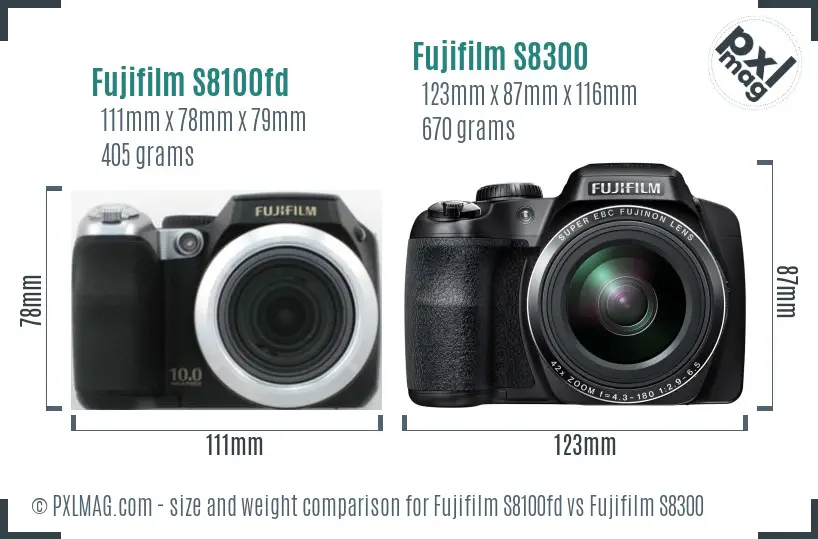 Fujifilm S8100fd vs Fujifilm S8300 size comparison