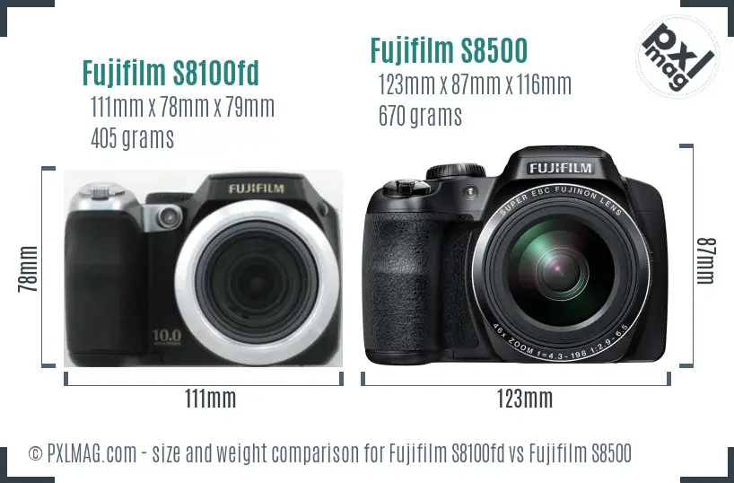 Fujifilm S8100fd vs Fujifilm S8500 size comparison