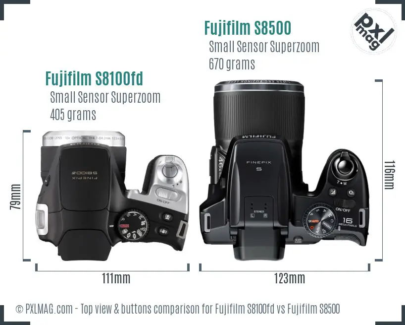 Fujifilm S8100fd vs Fujifilm S8500 top view buttons comparison