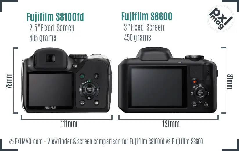 Fujifilm S8100fd vs Fujifilm S8600 Screen and Viewfinder comparison