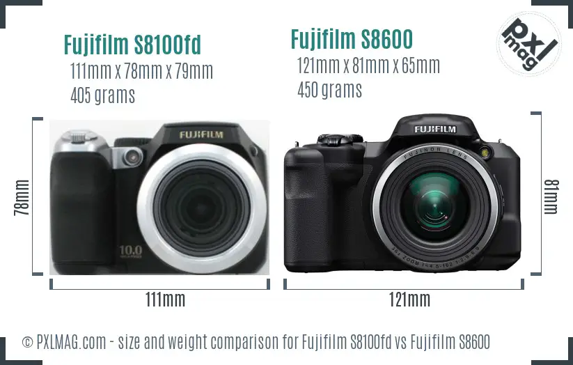 Fujifilm S8100fd vs Fujifilm S8600 size comparison