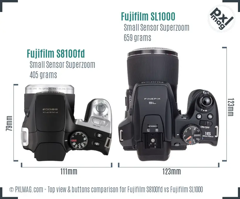 Fujifilm S8100fd vs Fujifilm SL1000 top view buttons comparison