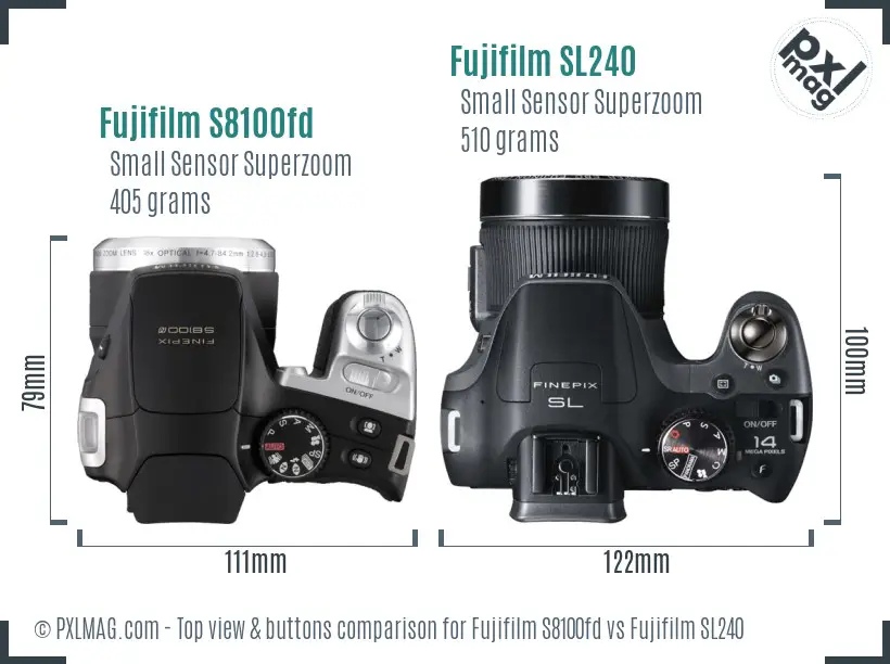 Fujifilm S8100fd vs Fujifilm SL240 top view buttons comparison