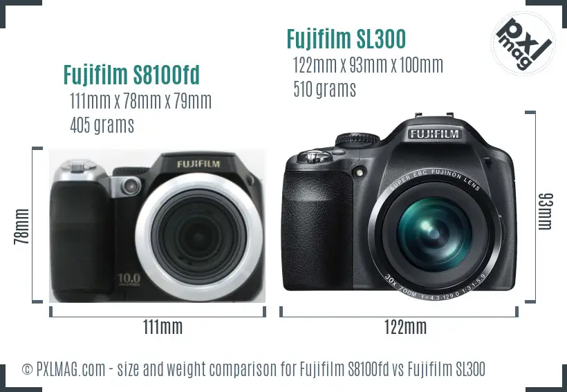 Fujifilm S8100fd vs Fujifilm SL300 size comparison