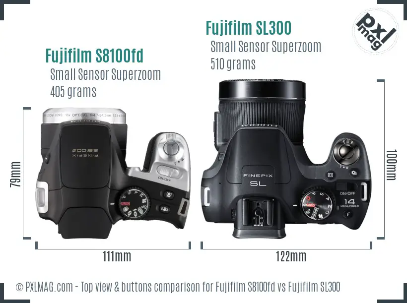 Fujifilm S8100fd vs Fujifilm SL300 top view buttons comparison