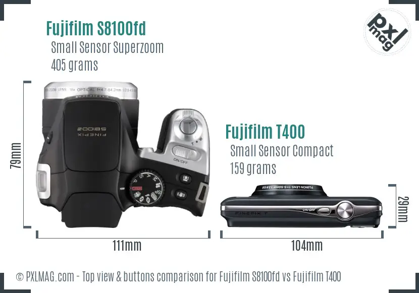 Fujifilm S8100fd vs Fujifilm T400 top view buttons comparison