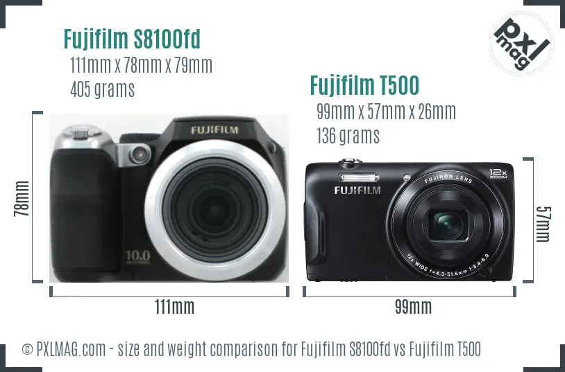 Fujifilm S8100fd vs Fujifilm T500 size comparison