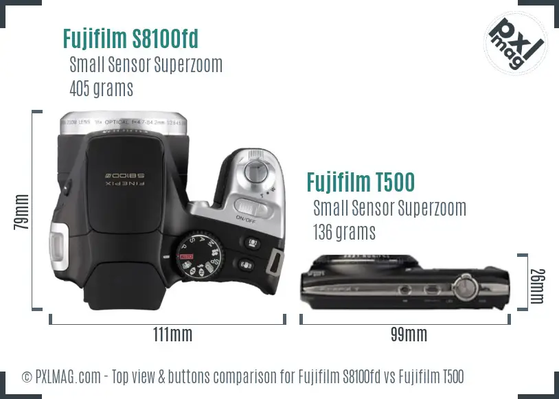 Fujifilm S8100fd vs Fujifilm T500 top view buttons comparison