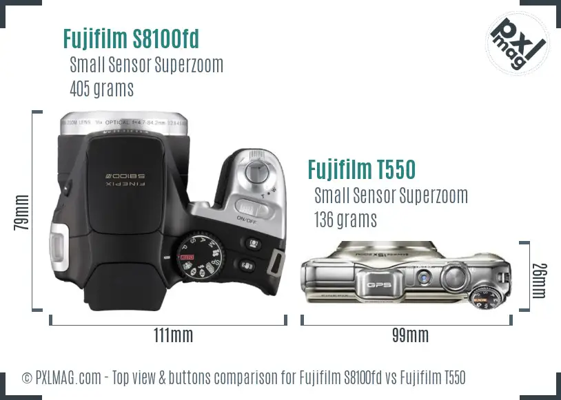 Fujifilm S8100fd vs Fujifilm T550 top view buttons comparison