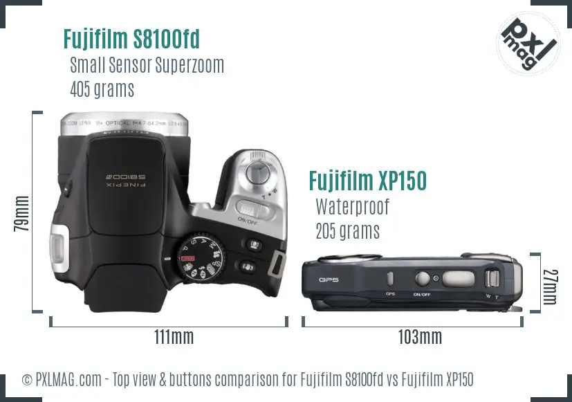 Fujifilm S8100fd vs Fujifilm XP150 top view buttons comparison