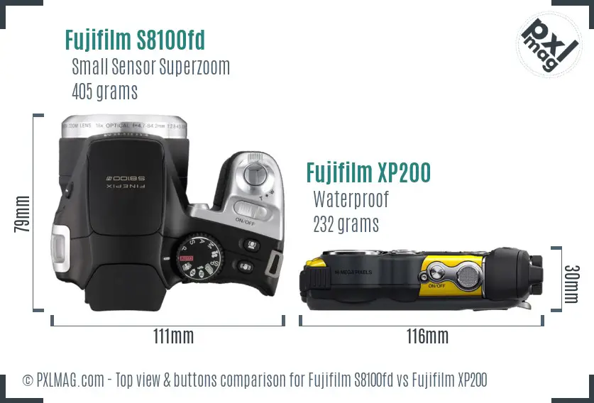 Fujifilm S8100fd vs Fujifilm XP200 top view buttons comparison
