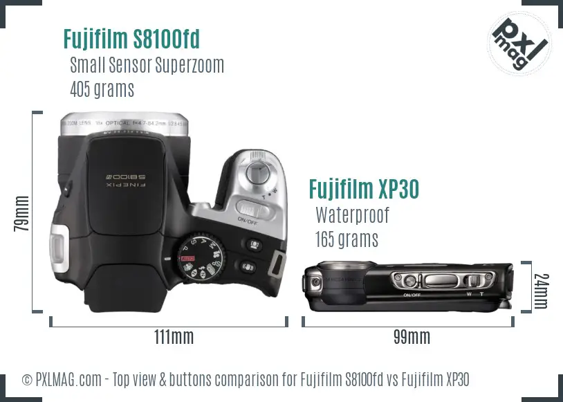 Fujifilm S8100fd vs Fujifilm XP30 top view buttons comparison