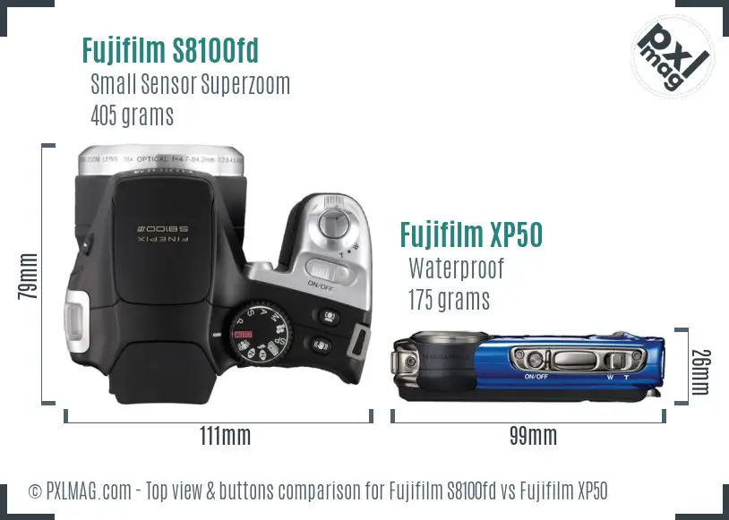 Fujifilm S8100fd vs Fujifilm XP50 top view buttons comparison