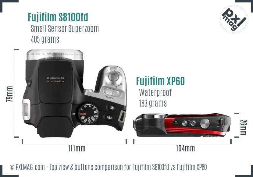 Fujifilm S8100fd vs Fujifilm XP60 top view buttons comparison