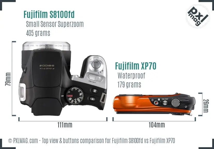 Fujifilm S8100fd vs Fujifilm XP70 top view buttons comparison