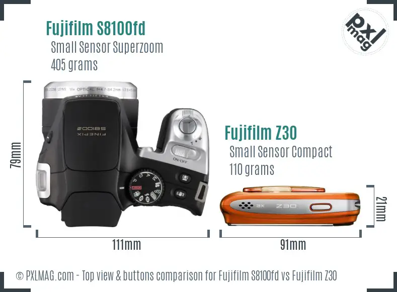 Fujifilm S8100fd vs Fujifilm Z30 top view buttons comparison