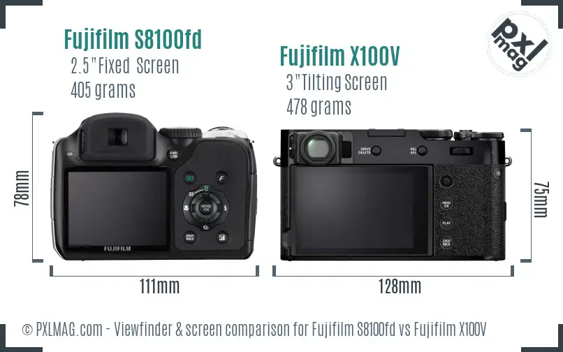 Fujifilm S8100fd vs Fujifilm X100V Screen and Viewfinder comparison