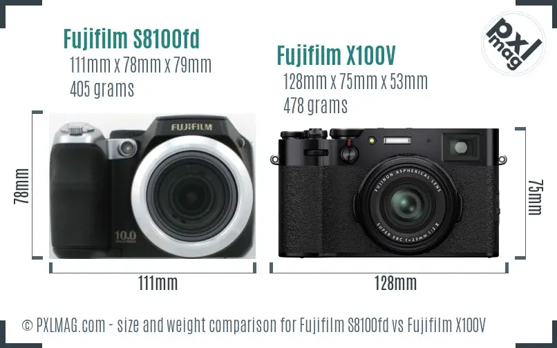 Fujifilm S8100fd vs Fujifilm X100V size comparison