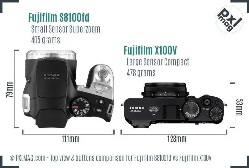 Fujifilm S8100fd vs Fujifilm X100V top view buttons comparison