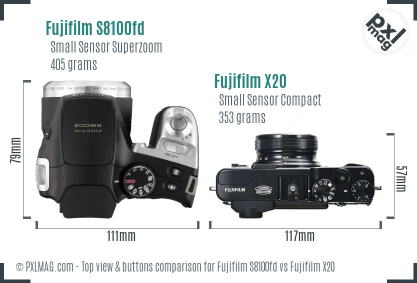 Fujifilm S8100fd vs Fujifilm X20 top view buttons comparison