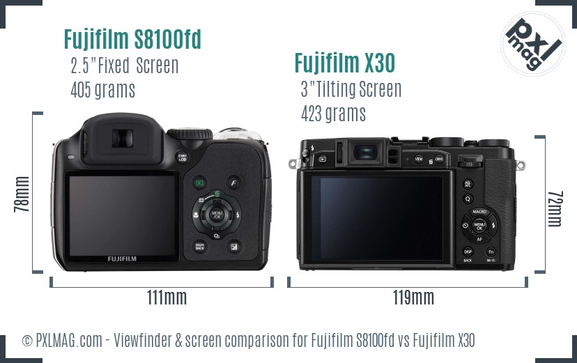 Fujifilm S8100fd vs Fujifilm X30 Screen and Viewfinder comparison