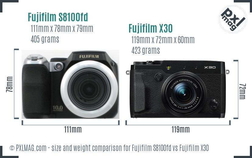 Fujifilm S8100fd vs Fujifilm X30 size comparison