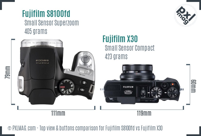 Fujifilm S8100fd vs Fujifilm X30 top view buttons comparison
