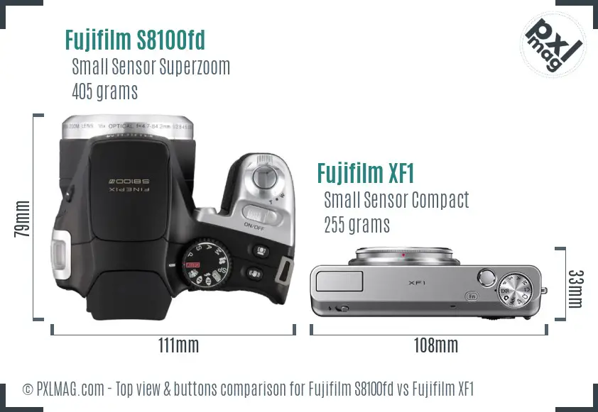 Fujifilm S8100fd vs Fujifilm XF1 top view buttons comparison