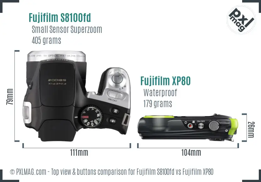 Fujifilm S8100fd vs Fujifilm XP80 top view buttons comparison