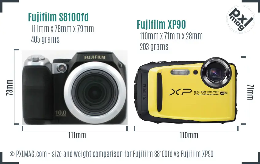 Fujifilm S8100fd vs Fujifilm XP90 size comparison