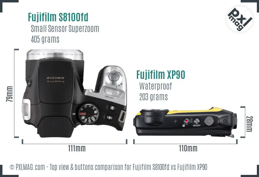 Fujifilm S8100fd vs Fujifilm XP90 top view buttons comparison