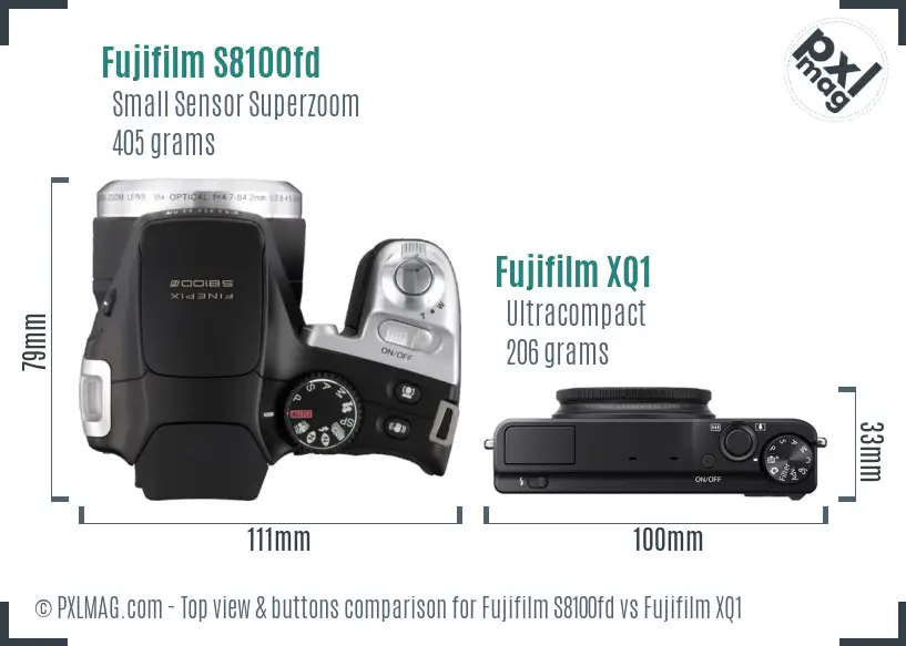 Fujifilm S8100fd vs Fujifilm XQ1 top view buttons comparison