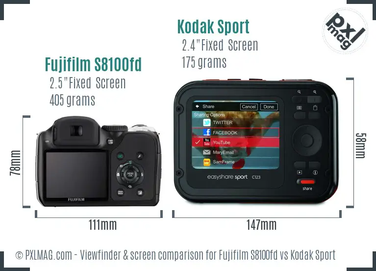 Fujifilm S8100fd vs Kodak Sport Screen and Viewfinder comparison