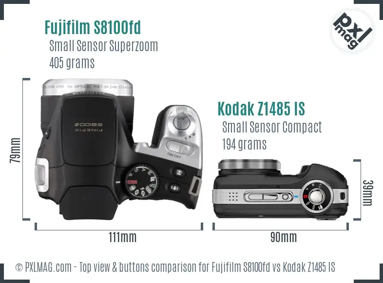 Fujifilm S8100fd vs Kodak Z1485 IS top view buttons comparison Fujifilm S8100fd vs Kodak Z1485 IS top view buttons comparison