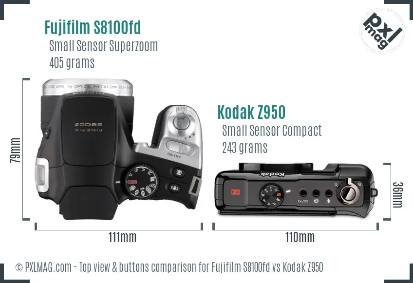 Fujifilm S8100fd vs Kodak Z950 top view buttons comparison Fujifilm S8100fd vs Kodak Z950 top view buttons comparison