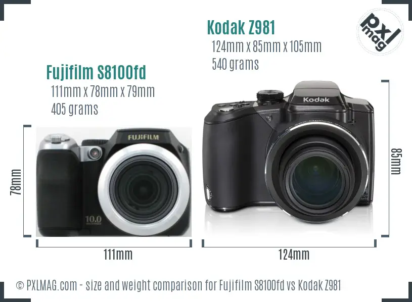 Fujifilm S8100fd vs Kodak Z981 size comparison