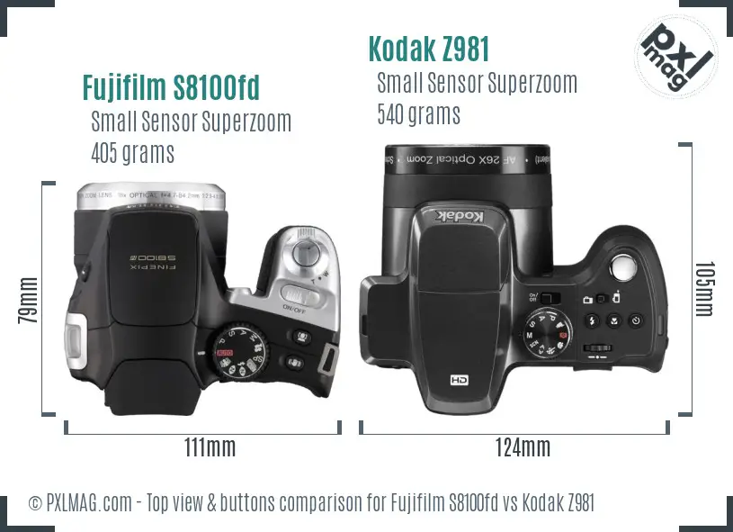 Fujifilm S8100fd vs Kodak Z981 top view buttons comparison