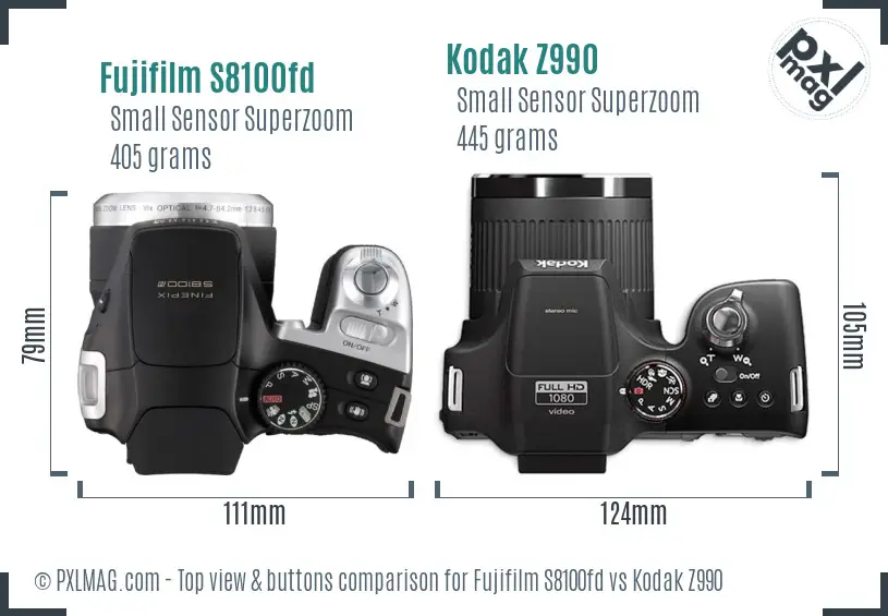 Fujifilm S8100fd vs Kodak Z990 top view buttons comparison