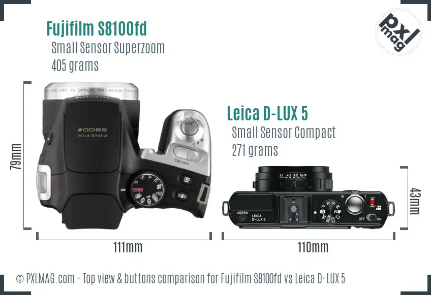 Fujifilm S8100fd vs Leica D-LUX 5 top view buttons comparison