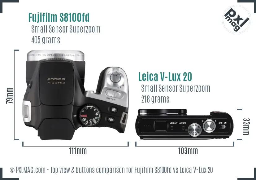 Fujifilm S8100fd vs Leica V-Lux 20 top view buttons comparison