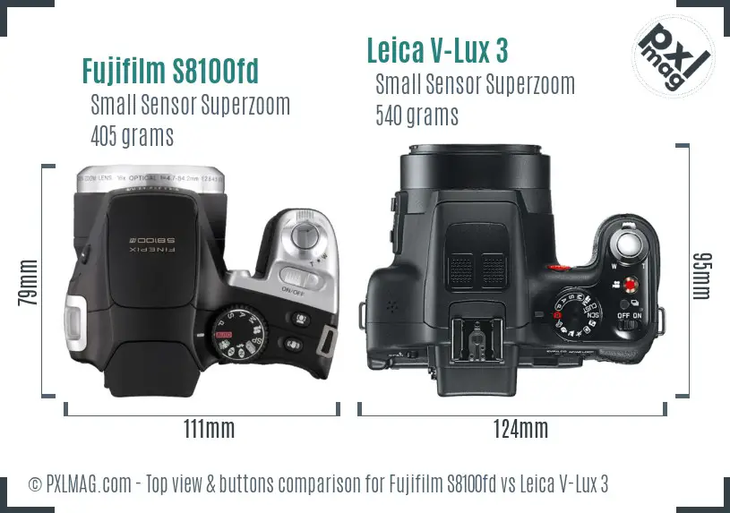 Fujifilm S8100fd vs Leica V-Lux 3 top view buttons comparison