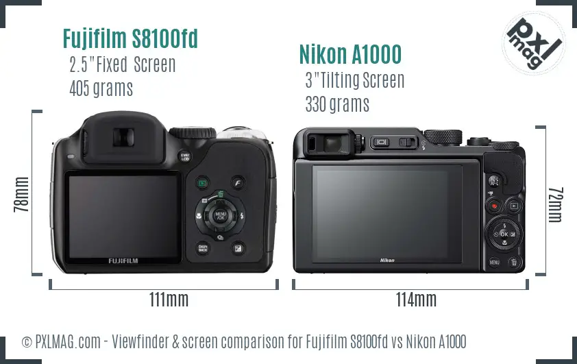 Fujifilm S8100fd vs Nikon A1000 Screen and Viewfinder comparison