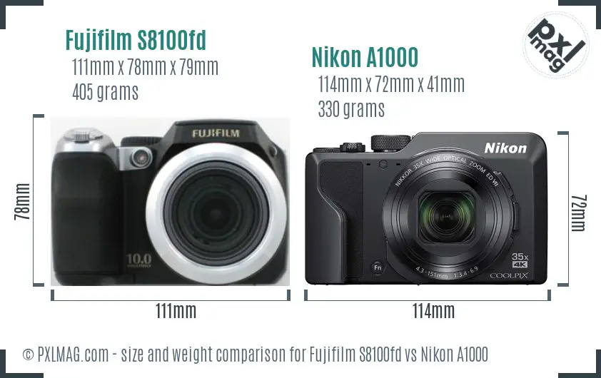 Fujifilm S8100fd vs Nikon A1000 size comparison