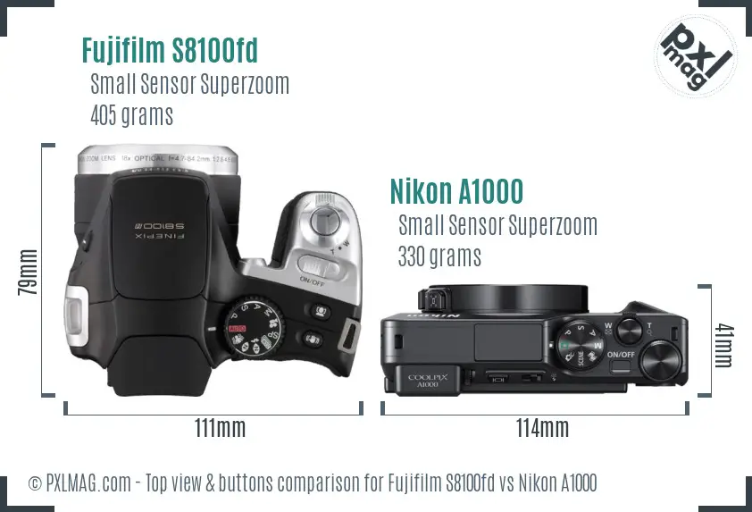 Fujifilm S8100fd vs Nikon A1000 top view buttons comparison