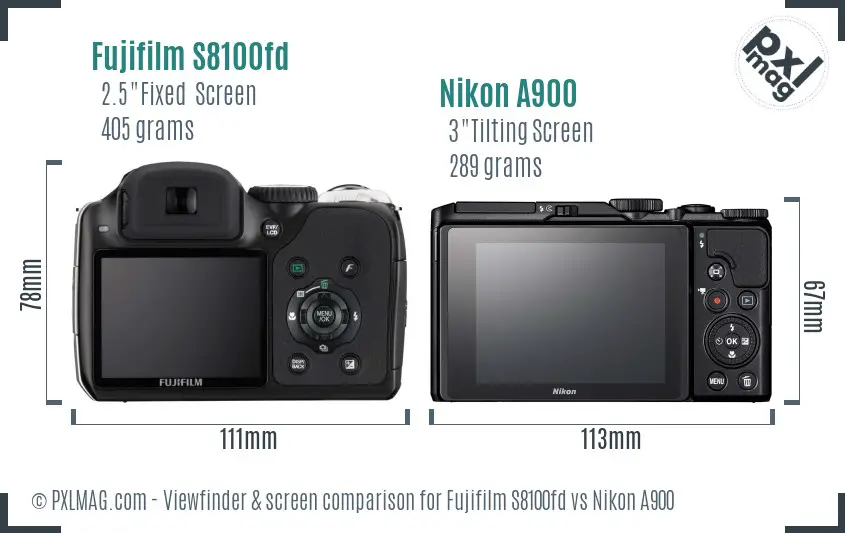 Fujifilm S8100fd vs Nikon A900 Screen and Viewfinder comparison