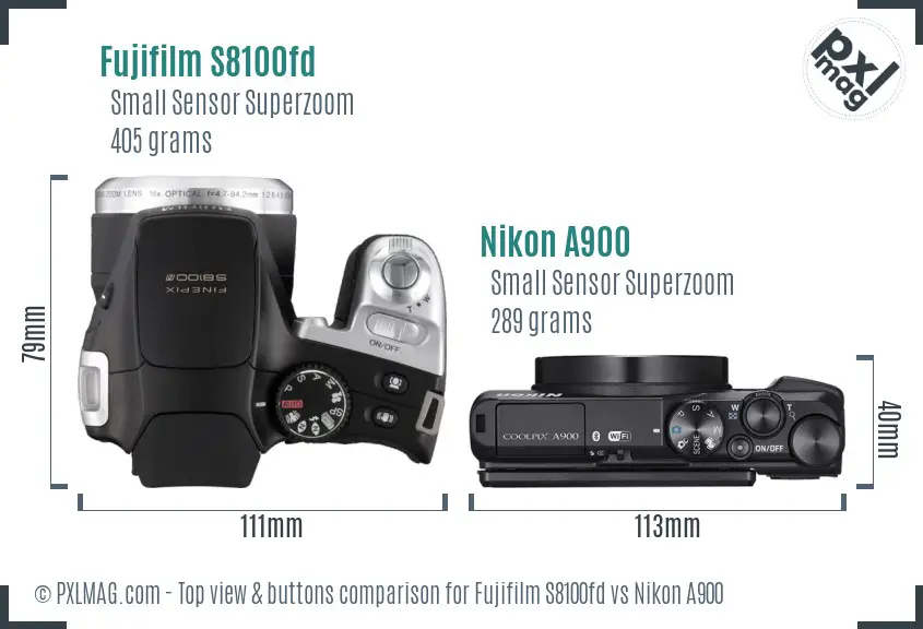 Fujifilm S8100fd vs Nikon A900 top view buttons comparison