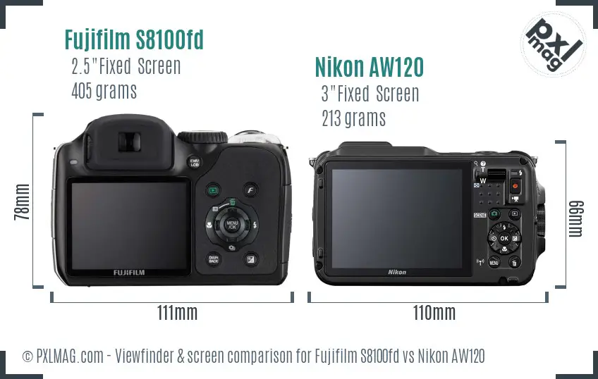 Fujifilm S8100fd vs Nikon AW120 Screen and Viewfinder comparison